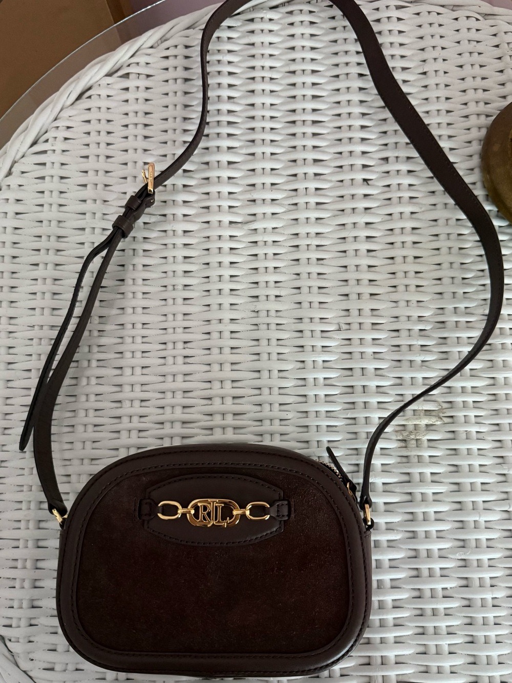 Ralph Lauren Dark Brown Suede Jordyn Crossbody bag with Gold Hardware
